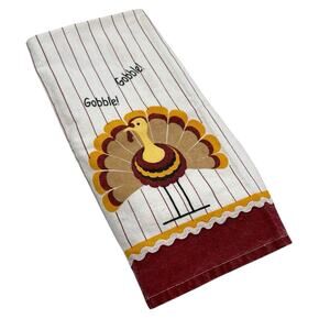 VTG Thanksgiving Turkey Tea Dish Towel Pinstripe Ric Rac Cotton Kitsch Novelty